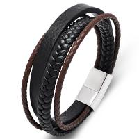PU Leather Cord Bracelets, with 316L Stainless Steel, polished, fashion jewelry & multilayer & different length for choice & for man, black, 12x6mm, Sold By PC