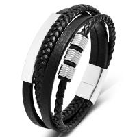 PU Cord Armbånd, med 316L Stainless Steel, poleret, mode smykker & flerlags & forskellige længde for valg & for mennesket, sort, Solgt af PC