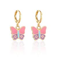 Huggie Hoop Drop Earring Brass Butterfly real gold plated for woman & enamel multi-colored Sold By Pair