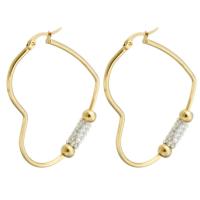 Stainless Steel Hoop Earring, 304 Stainless Steel, Heart, Vacuum Ion Plating, fashion jewelry & for woman & with rhinestone, golden, 54x41mm, Sold By Pair
