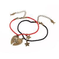 Fashion Jewelry Anklet, Wax Cord, with Tibetan Style, Flat Round, antique bronze color plated, 2 pieces & Adjustable & for couple, black and red, 26x30mm, Length:21 cm, Sold By Pair