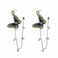 Zinc Alloy Drop Earrings with Plastic Pearl Butterfly gold color plated fashion jewelry & for woman & with rhinestone golden nickel lead & cadmium free 165mm Sold By Pair