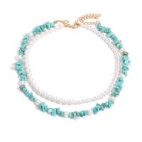 Fashion Turquoise Necklace Zinc Alloy with Seedbead & turquoise & Shell & Plastic Pearl gold color plated Bohemian style & for woman Sold By PC
