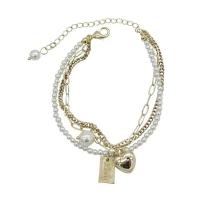 Zinc Alloy Bracelet with Plastic Pearl Heart gold color plated three layers & for woman Length Approx 6.7 Inch Sold By PC