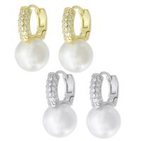 Cubic Zirconia Micro Pave Brass Earring, with Plastic Pearl, plated, micro pave cubic zirconia & for woman, more colors for choice, 12x23x15mm, Sold By Pair