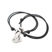 Quelques Bracelet à et Bangle, corde de cire, avec alliage de zinc, Placage de couleur argentée, 2 pièces & Réglable & bijoux de mode, noire, 22x21mm, Longueur:16-25 cm, Vendu par paire