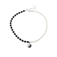 Plastic Pearl Necklace, with Tibetan Style, with 5cm extender chain, silver color plated, fashion jewelry & Unisex & enamel, white and black, Length:50 cm, Sold By PC