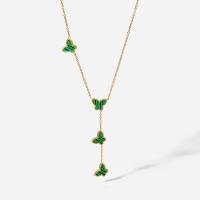 Stainless Steel Jewelry Necklace, 304 Stainless Steel, with Malachite, with 1.97inch extender chain, Butterfly, 18K gold plated, fashion jewelry & for woman, golden, 69mm, Sold Per Approx 15.35 Inch Strand