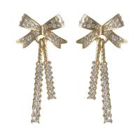 Zinc Alloy Drop Earrings Bowknot gold color plated fashion jewelry & for woman & with rhinestone golden nickel lead & cadmium free  Sold By Pair