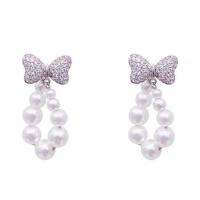 Zinc Alloy Drop Earrings with Plastic Pearl Bowknot plated fashion jewelry & for woman & with rhinestone white nickel lead & cadmium free Sold By Pair