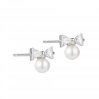 Freshwater Pearl Earrings, 925 Sterling Silver, with Shell Pearl, Bowknot, plated, fashion jewelry & for woman & with rhinestone, more colors for choice, Sold By Pair