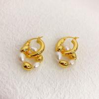 Huggie Hoop Drop Earring Brass with Plastic Pearl 18K gold plated fashion jewelry & for woman golden nickel lead & cadmium free Sold By Pair