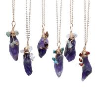 Amethyst Pendant, with 304 Stainless Steel Chain & Gemstone & Brass, irregular, gold color plated, random style & Unisex & different styles for choice, more colors for choice, 15-25x50-70mm, Length:Approx 48 cm, Sold By PC