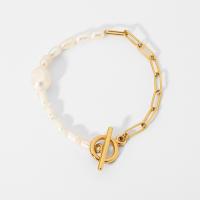 Freshwater Cultured Pearl Bracelet 304 Stainless Steel with Freshwater Pearl 18K gold plated fashion jewelry & for woman golden 9.5mm Sold Per Approx 7.09 Inch Strand