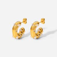 Edelstahl Ohrringe, 304 Edelstahl, mit Kunststoff Perlen, 18K vergoldet, Modeschmuck & Micro pave Zirkonia & für Frau, goldfarben, 20x5.50mm, verkauft von Paar