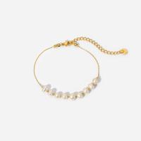 Freshwater Cultured Pearl Bracelet 304 Stainless Steel with Freshwater Pearl with 2inch extender chain 18K gold plated fashion jewelry & for woman golden 6mm Sold Per Approx 7 Inch Strand