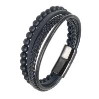 Leather Cord Bracelet, Titanium Steel, with Leather, gun black plated, multilayer & braided bracelet & for man, black, 215mm, Sold By PC