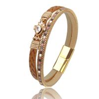 Leather Cord Bracelet, Titanium Steel, with Leather, gold color plated, braided bracelet & micro pave cubic zirconia & for woman, orange, 205mm, Sold By PC