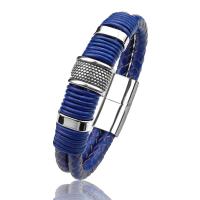 Leather Cord Bracelet Titanium Steel with Leather plated Double Layer & braided bracelet & for man blue 215mm Sold By PC