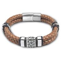Leather Cord Bracelet Titanium Steel with Leather plated Double Layer & braided bracelet & for man dark brown 215mm Sold By PC