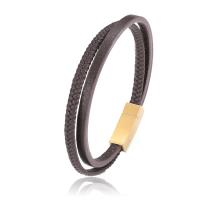 Leather Cord Bracelet Titanium Steel with Leather gold color plated Double Layer & braided bracelet & for man deep coffee color 215mm Sold By PC