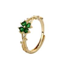 Cubic Zirconia Micro Pave Brass Ring, Four Leaf Clover, real gold plated, Adjustable & micro pave cubic zirconia & for woman, more colors for choice, Sold By PC