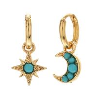 Huggie Hoop Drop Earring, Brass, with turquoise, 14K gold plated, fashion jewelry & for woman, 13mm, Sold By Pair