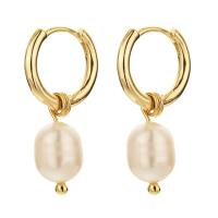 Huggie Hoop Drop Earring Brass with Freshwater Pearl 14K gold plated fashion jewelry & for woman 13mm Sold By Pair