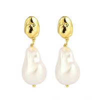 Freshwater Pearl Earrings, Brass, with Freshwater Pearl, 14K gold plated, fashion jewelry & for woman, 45x16mm, Sold By Pair