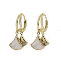 Huggie Hoop Drop Earring, Brass, with Shell, 14K gold plated, micro pave cubic zirconia & for woman, gold, 26mm, Sold By Pair