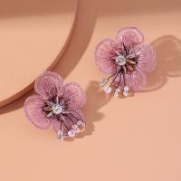 Cloth Stud Earring with Crystal Flower fashion jewelry & for woman pink Sold By Pair