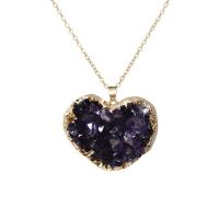 Quartz Gemstone Pendants Amethyst with Brass Heart gold color plated Unisex purple Sold By PC