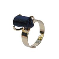Gemstone Finger Ring, Schorl, with cobre, cromado de cor dourada, unissex, preto, 15mm, Diametro interno:Aprox 20mm, vendido por PC