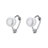 925 Sterling Silver Huggie Hoop Earring, with Shell Pearl, Donut, platinum plated, different size for choice & for woman, Sold By Pair
