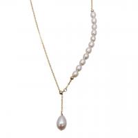 Collier de chaîne en laiton de perles d'eau douce, perle d'eau douce cultivée, avec laiton, avec 1.18 inch chaînes de rallonge, Placage de couleur d'or, pour femme, blanc, 5-6mm, Longueur:Environ 14.56 pouce, Vendu par PC