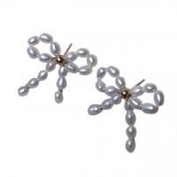 Freshwater Pearl Stud Earring with Brass Bowknot gold color plated for woman white 3-4mm Sold By Pair
