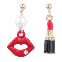 Tibetan Style Drop Earrings, with acrylic rhinestone & ABS Plastic Pearl, Lipstick, fashion jewelry & for woman & enamel, multi-colored, 33x18mm, Sold By Pair