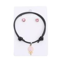 Zinc Alloy Jewelry Sets Stud Earring & bracelet Wax Cord with Zinc Alloy plated three pieces & fashion jewelry & for woman & enamel & with rhinestone black 24mm 4mm Length 16-25 cm Sold By Set