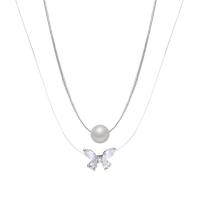 Plastic Pearl Necklace, Brass, with Plastic Pearl, with 4.6cm,4cm extender chain, Butterfly, silver color plated, Double Layer & fashion jewelry & for woman & with rhinestone, silver color, nickel, lead & cadmium free, Length:31 cm, 39 cm, Sold By PC
