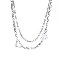 Titanium Steel Necklace with 5.8cm extender chain Heart polished Double Layer & fashion jewelry & micro pave cubic zirconia & for woman silver color Length Approx 40.5 cm Sold By PC