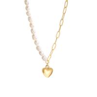 Titanium Steel Necklace, with Plastic Pearl, with 5cm extender chain, Heart, gold color plated, fashion jewelry & for woman, golden, Length:Approx 36.5 cm, Sold By PC