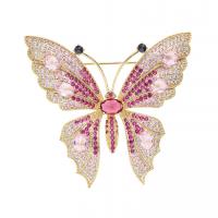 Broche zircon, laiton, papillon, Placage de couleur d'or, pavé de micro zircon & pour femme, rose, 46x48mm, Vendu par PC