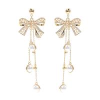 Cubic Zirconia Micro Pave Brass Earring, with Glass Pearl, real gold plated, micro pave cubic zirconia & for woman, gold, 79x20mm, Sold By Pair