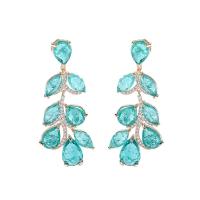 Cubic Zirconia Micro Pave Brass Earring Leaf gold color plated micro pave cubic zirconia & for woman blue Sold By Pair