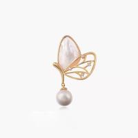 Shell Brooch, Brass, with Shell & Plastic Pearl, Butterfly, plated, for woman & with rhinestone & hollow, more colors for choice, 30mm, 10PCs/Lot, Sold By Lot
