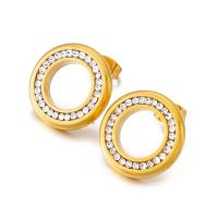 Stainless Steel Stud Earrings, 304 Stainless Steel, fashion jewelry & for woman & with rhinestone, golden, 18mm, Sold By Pair