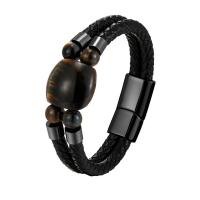 Leather Cord Bracelet with Tiger Eye & 316L Stainless Steel plated fashion jewelry & for man Sold By PC