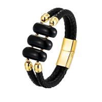 Bracelet cordon en cuir, avec agate noire & acier inoxydable 316L, Placage, bijoux de mode & longueur différente pour le choix & pour homme, plus de couleurs à choisir, Vendu par PC