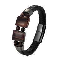 Leather Cord Bracelet with Tiger Eye & 316L Stainless Steel plated fashion jewelry & for man Sold By PC
