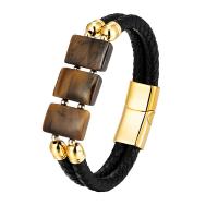 Bracelet cordon en cuir, avec oeil de tigre & acier inoxydable 316L, Placage, bijoux de mode & longueur différente pour le choix & pour homme, plus de couleurs à choisir, Vendu par PC